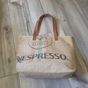Nespresso Burlap Tote with Brown Straps
